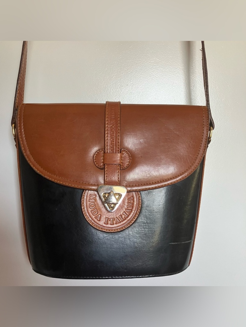 Moda Italiana Vintage Purse Leather‎ Black & Brown Crossbody Bag